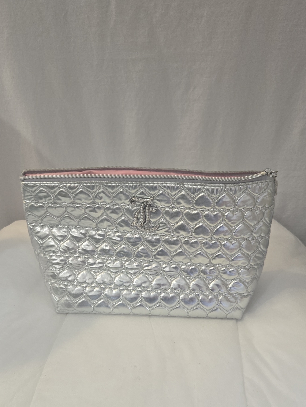 Juicy Couture Silver Quilted Heart Cosmetic Pouch - Designer Monogram Accent